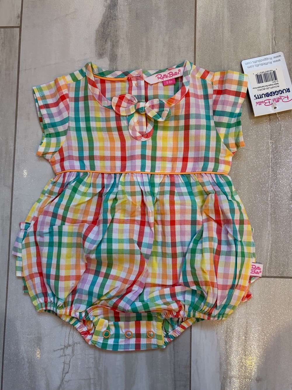NWT RuffleButts Cotton Colorful Rainbow Gingham Bow Bubble Romper, Girls 0-3M